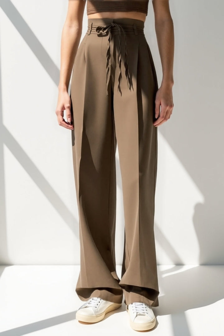 Broek met hoge taille en gevlochten riem | Wijde pijpen | Elegant en vloeiend
