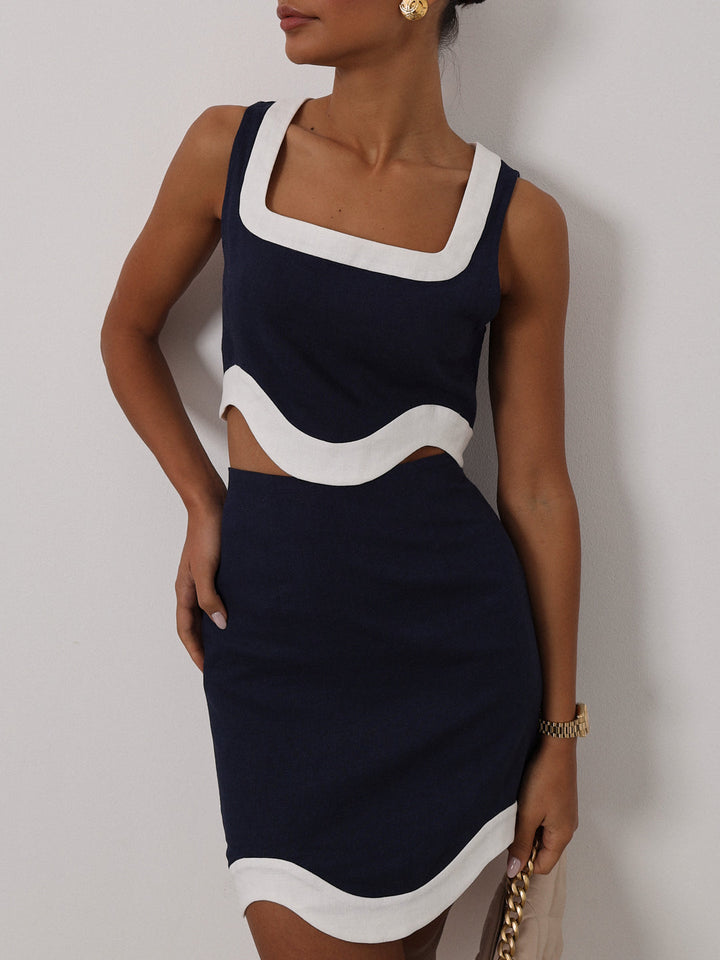 Cleo Contrast Wave Rok | Marineblauw/Wit