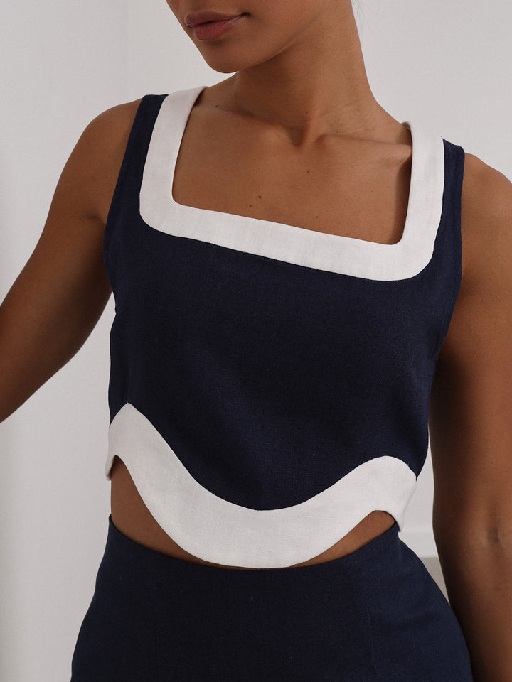 Cleo Contrast Wave Top | Marineblauw/Wit