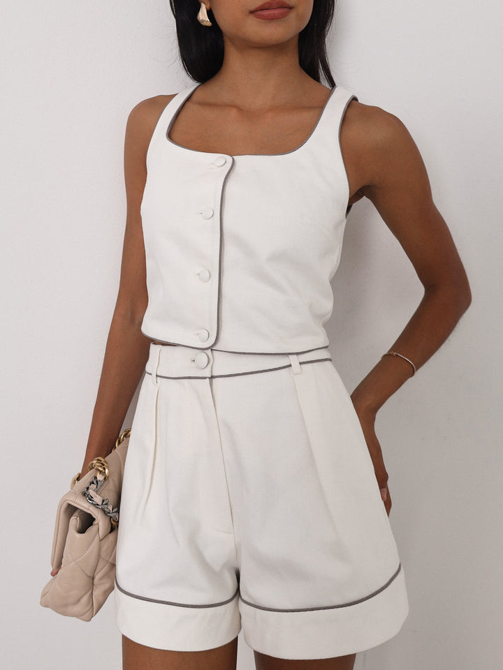 Shola Contrast Edge Denim Top | Wit/Taupe