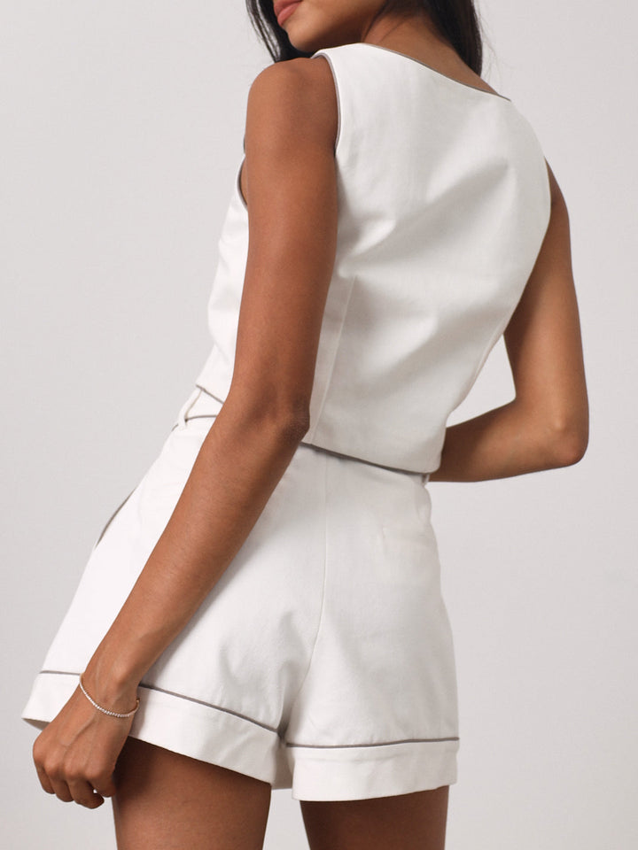 Shola Contrast Edge Denim Top | Wit/Taupe